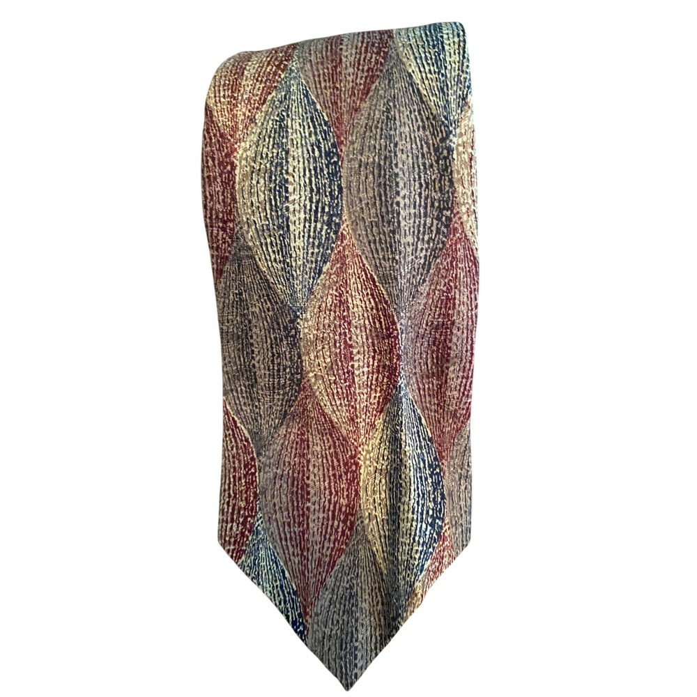 XMI Gentry Ltd Mens Silk Tie Geometric‎ Woven Burgundy Navy Gold Italian Fabric